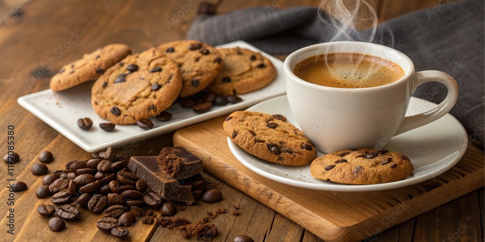 Aromatic Coffee with Chocolate Chip Cookies and Dark Chocolate on Wooden Surface Aromatic Coffee with Chocolate Chip Cookies and Dark Chocolate on Wooden Surface