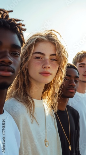 Group of young people posing together with friendly expressions in a relaxed ...