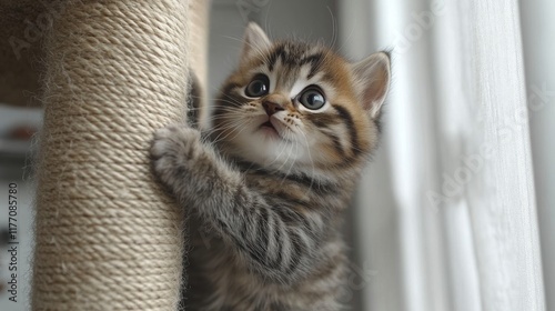 Playful kitten reaching up in sunlight near a window