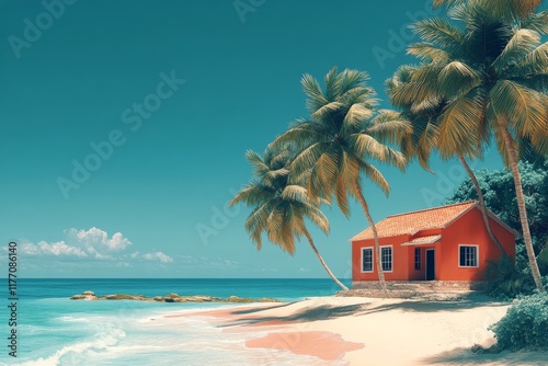 Vibrant beachfront house surrounded by palm trees on a sunny day by the ocean