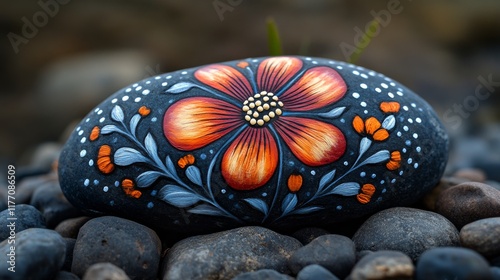 Beautifully painted rock with sunflower design on a bed of pebbles in a natur...