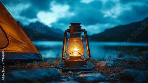 Cozy lantern lighting the shore by a peaceful lake at dusk near a camping tent