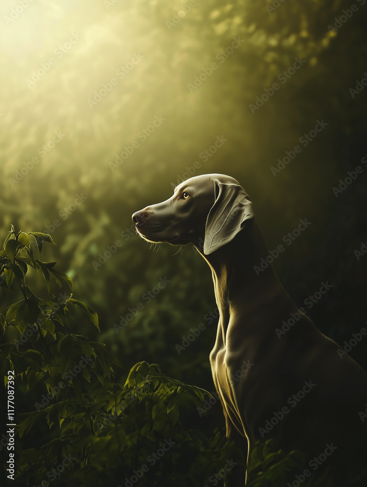 Weimaraner dog sitting in a lush serene forest with soft lighting.