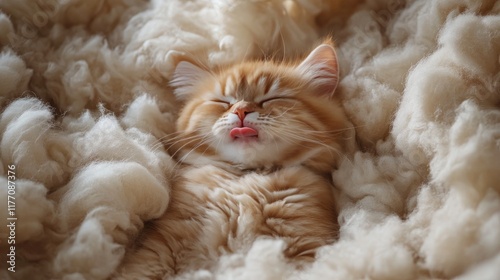 Cute orange kitten sleeping comfortably in fluffy wool on a cozy winter after...