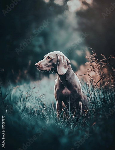 Weimaraner dog sitting in a lush serene forest with soft lighting.