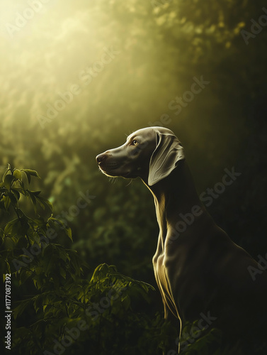 Weimaraner dog sitting in a lush serene forest with soft lighting.