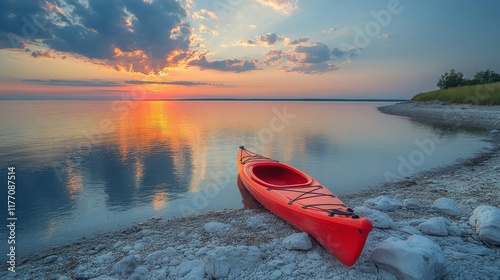 Kayak resting on the shore of a tranquil lake surrounded by lush trees during...
