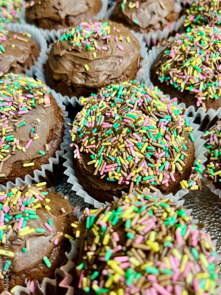 Φωτογραφία many muffins in paper molds chocolate decorated with milk chocolate with colorful sprinkles gluten free