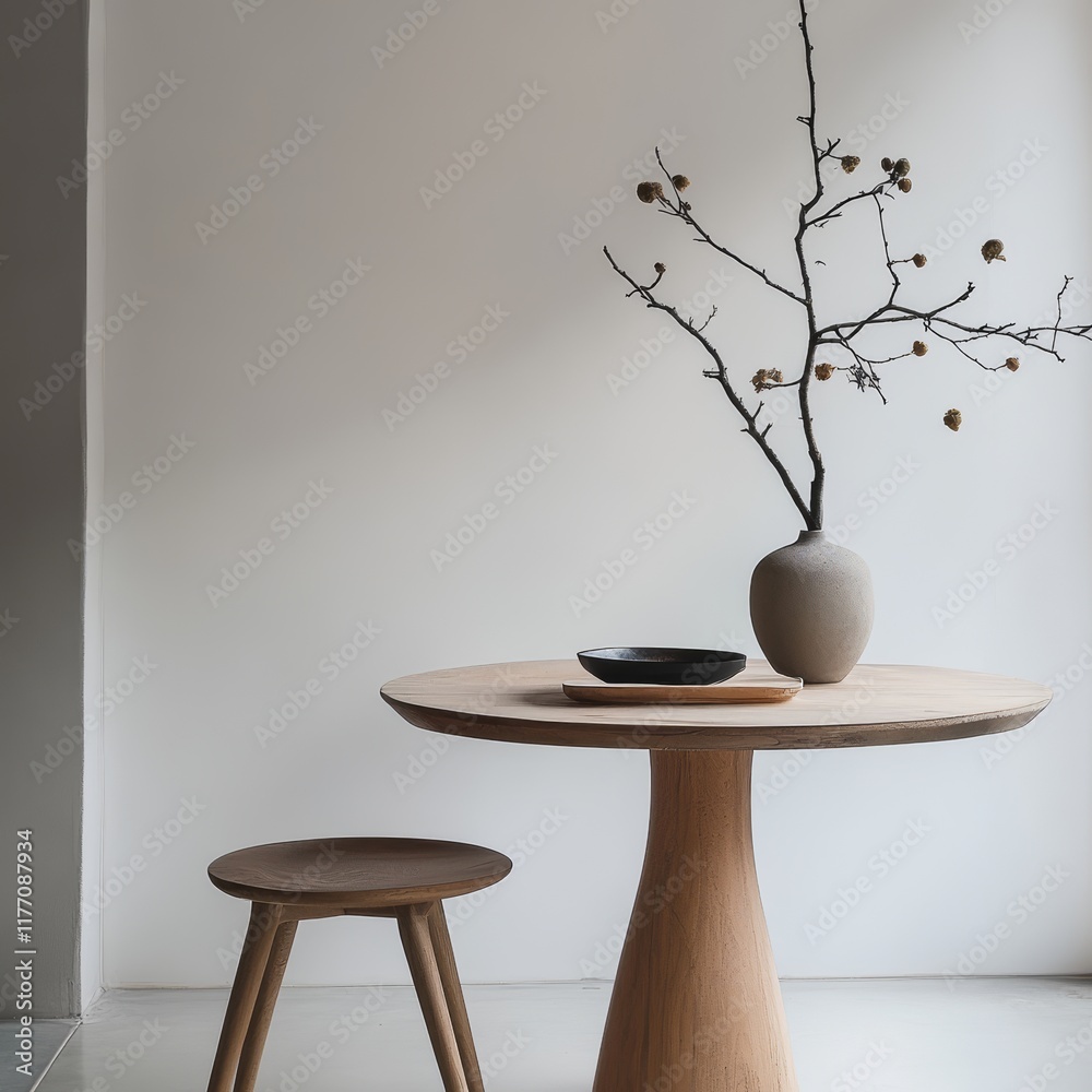 Minimalist Wooden Table with Stool and Dried Flower Arrangement Minimalist Wooden Table with Stool and Dried Flower Arrangement