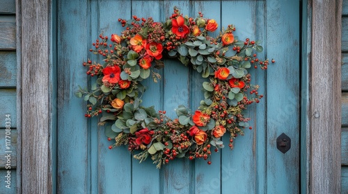 Colorful floral wreath hanging on a blue wooden door in a rustic setting