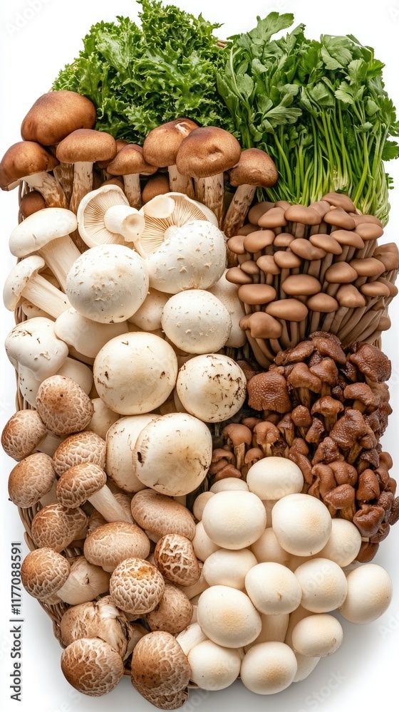 Variety of enoki and shiitake mushrooms arranged in a basket against a white background, ideal for Asian culinary creations Variety of enoki and shiitake mushrooms arranged in a basket against a white background, ideal for Asian culinary creations