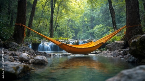 Relaxing in a yellow hammock by a serene forest stream on a bright sunny day
