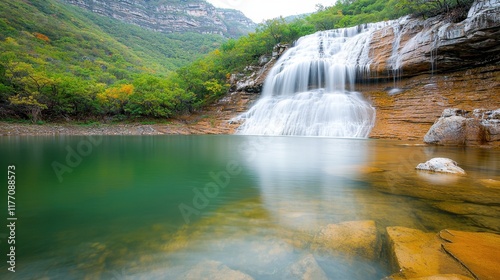 A tranquil and serene scene unfolds as a lush green lake reflects the beauty of a stunning waterfall cascading down a rocky cliff, creating a peaceful and scenic oasis in nature.