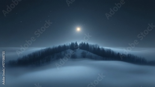Moonlit winter landscape with fog covering hills and silhouetted trees at night