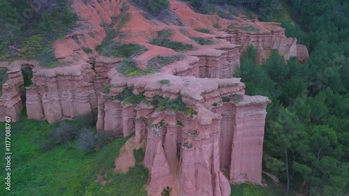 Erosion landscape in Las Cárcavas in the surroundings of the village of Morata de Jiloca in the Calatayud region. Aerial view from drone. Zaragoza Province. Aragon. Spain. Europe photo