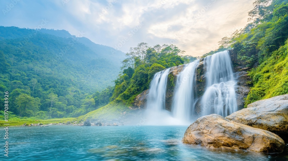 Fototapeta premium The Banyumala waterfall is a stunning twin waterfall located in a tropical rainforest, cascading down a rocky mountain slope into a turquoise blue pond below