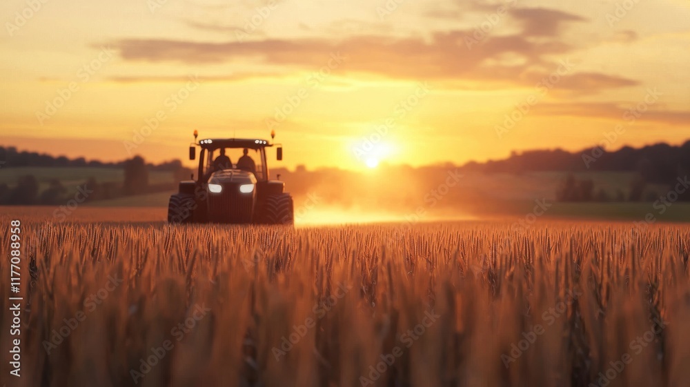 Naklejka premium Golden Hour Tractor in Wheat Field Rural Farming Sunset Scenery