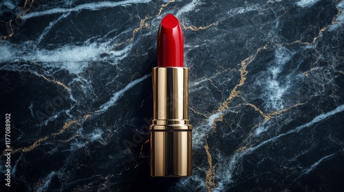 Stylish red lipstick on a marble surface showcasing vibrant color and eleganc...