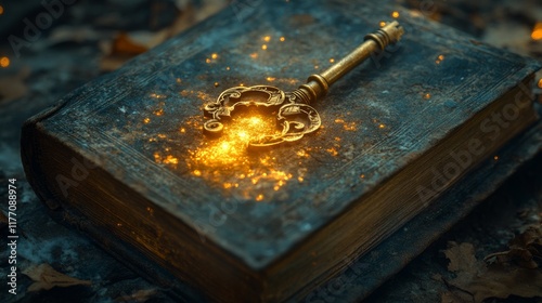 Mystical golden key resting on an ancient book surrounded by glowing particle...