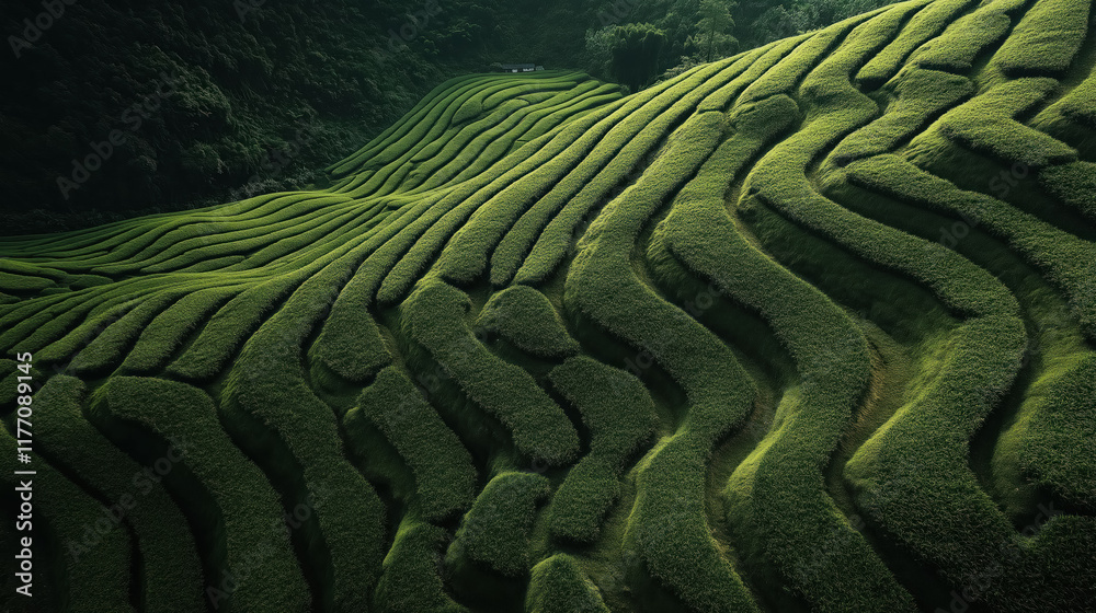 Fototapeta premium aerial view of lush green terraced farming fields with vibrant patterns