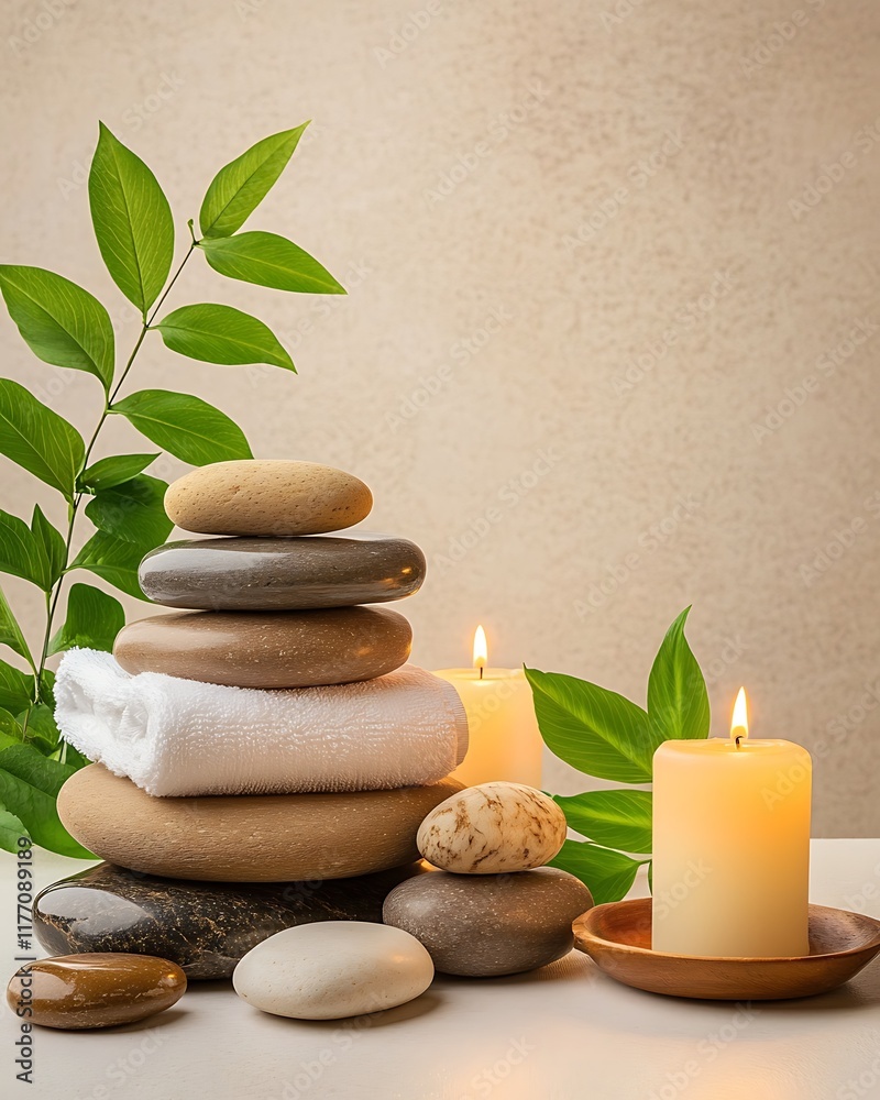 Obraz premium Tranquility and Balance Spa Ritual, Serene Stone Therapy Scene with Smooth Warm Stones and Relaxing Candles Enhancing Calm Ambiance for Mindfulness and Meditation Practices