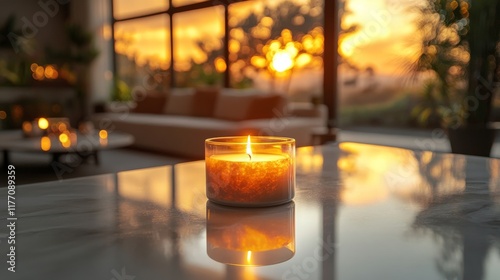 Relaxing ambiance created by a glowing candle on a marble table during sunset