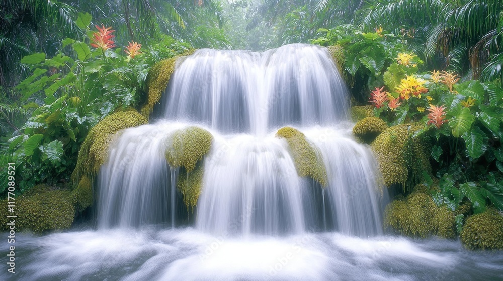 Obraz premium The magnificent waterfall cascades down a series of moss covered rocks, surrounded by lush green foliage and vibrant tropical flowers, creating a mesmerizing display of raw natural beauty.
