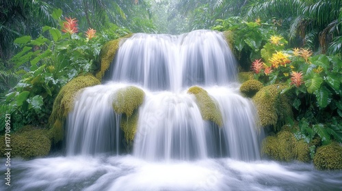 The magnificent waterfall cascades down a series of moss covered rocks, surrounded by lush green foliage and vibrant tropical flowers, creating a mesmerizing display of raw natural beauty.