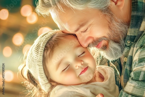 A heart-warming portrayal of fatherhood, a father gently embracing his child, the scene rich with security and heartfelt love, captured in a beautiful moment Perfect for illustrating family values photo