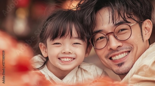 A nostalgic Fathers Day photo album scene, with a father and children smiling as they relive happy memories, captured in heartwarming snapshots celebrating family bonds Explore these cherished