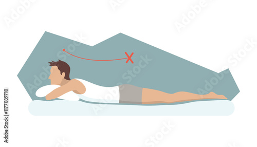 Incorrect sleeping body posture. Not healthy sleeping position spine in various mattresses and pillow. Caring for health of back, neck. Vector illustration