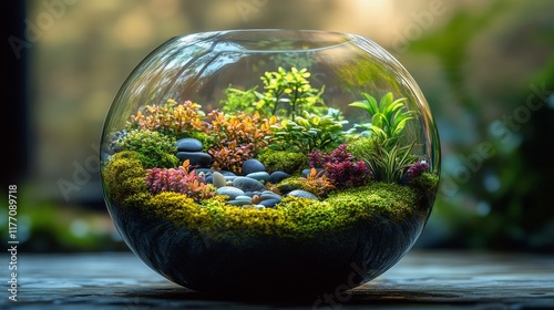 Vibrant miniature garden in a glass terrarium showcasing seasonal colors and ...