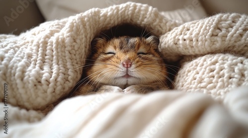 Cute hamster resting comfortably in a cozy blanket at home during the afterno...
