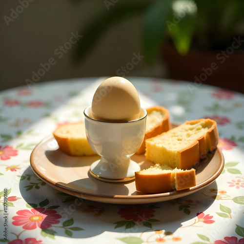 Breakfast setting with a soft-boiled egg in an egg cup and slices of bread on a floral tablecloth photo