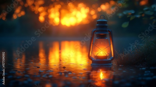 Glowing lantern lights the path in a misty forest filled with blooming flower...