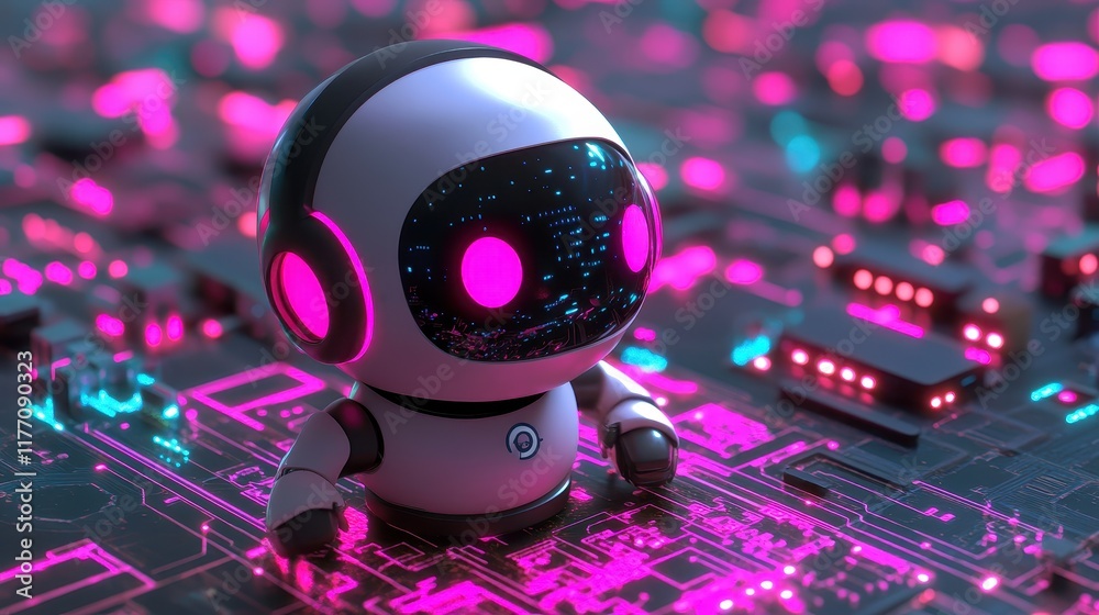 Fototapeta premium Cute Robot Head with Sleek Headset Floating in Futuristic Setting