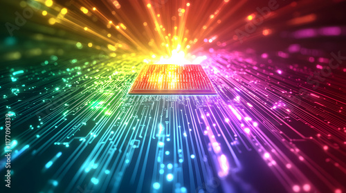 
AI word on microchip and colorful light spread with strong beam , AI concept with copyspace banner background, Generative AI