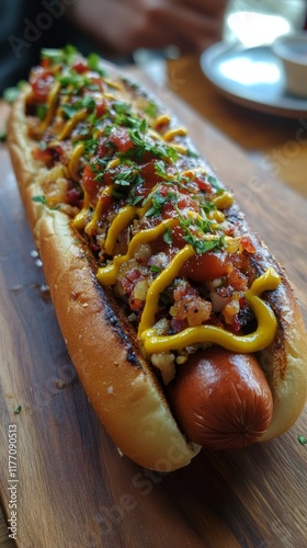 Delicious hot dog topped with mustard, onions, and relish on a wooden board i...