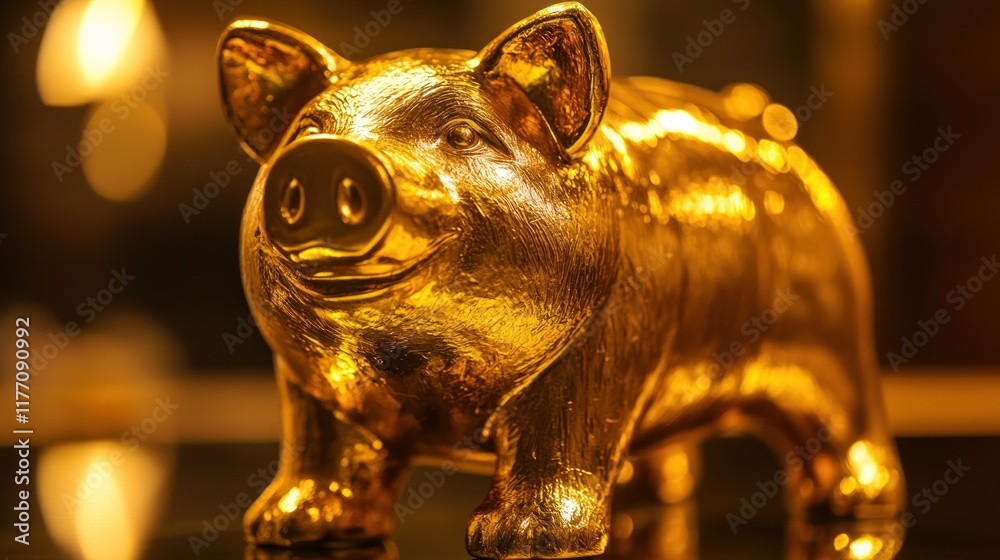 Shiny Golden Pig Figurine Reflecting Warm Light in Elegant Setting Shiny Golden Pig Figurine Reflecting Warm Light in Elegant Setting