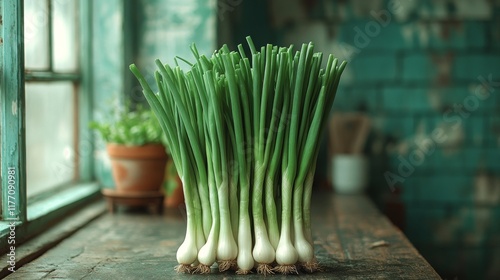Freshly harvested green onions displayed on a rustic wooden table in a vibran...