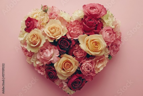 Colorful rose arrangement shaped like a heart on a pink background for romant...