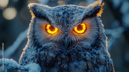 Owl perched on a snowy branch with glowing orange eyes in a winter landscape ...