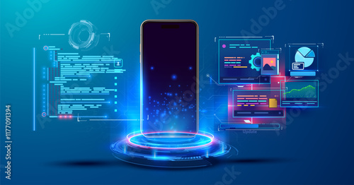 Futuristic smartphone interface with programming code, data charts, and glowing hologram effects on a digital network background. Perfect for mobile app or software development illustration.