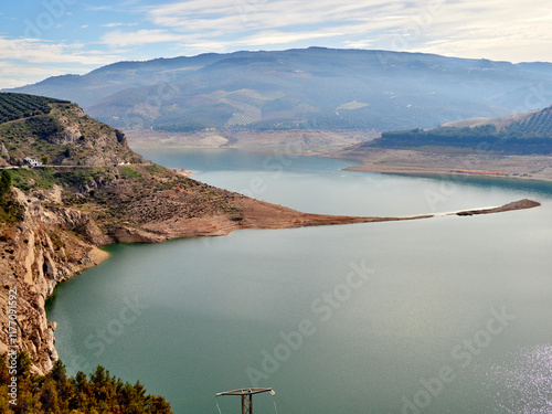 Iznájar Reservoir. The largest reservoir in Andalusia. Green water. Effects of drought.