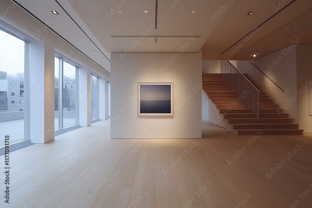 Obraz premium Modern art gallery interior, hardwood floor, seascape photo