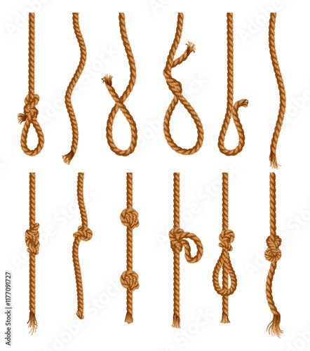 Obraz na płótnie Set of hanging ropes with tassel and node. Knitted nautical threads or marine vertical fibers. Textile tassel hang at ropes isolated on white background. Vector illustration w salonie