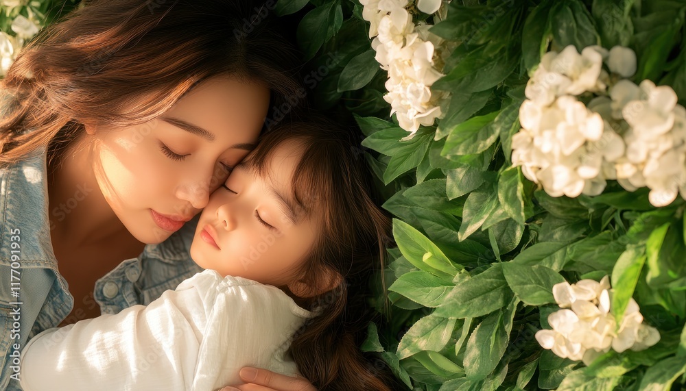 Capturing the Essence of Family Love A tender moment where a mother's embrace cradles her sleeping child, representing the deep bonds and secure comfort, similar to a secure fathers hug, representing Capturing the Essence of Family Love A tender moment where a mother's embrace cradles her sleeping child, representing the deep bonds and secure comfort, similar to a secure fathers hug, representing