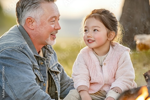 Capture the warmth of family bonds with a heartwarming image of a dad and child by a campfire This scene highlights the beauty of family time, creating lasting memories A singalong is a joyful photo