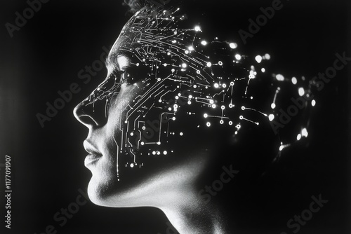 Unique artistic representation of a face combined with circuit patterns in a ...
