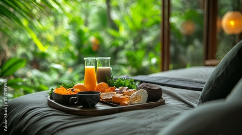 Morning tea served on a wooden tray in a cozy bedroom overlooking a lush garden